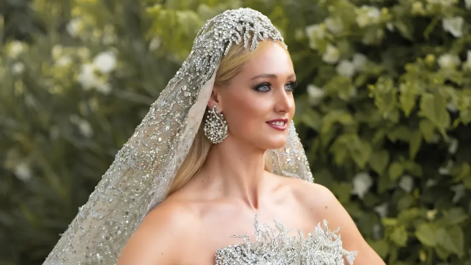 Bride portrait in crystal embellished gown, luxury Marrakech wedding