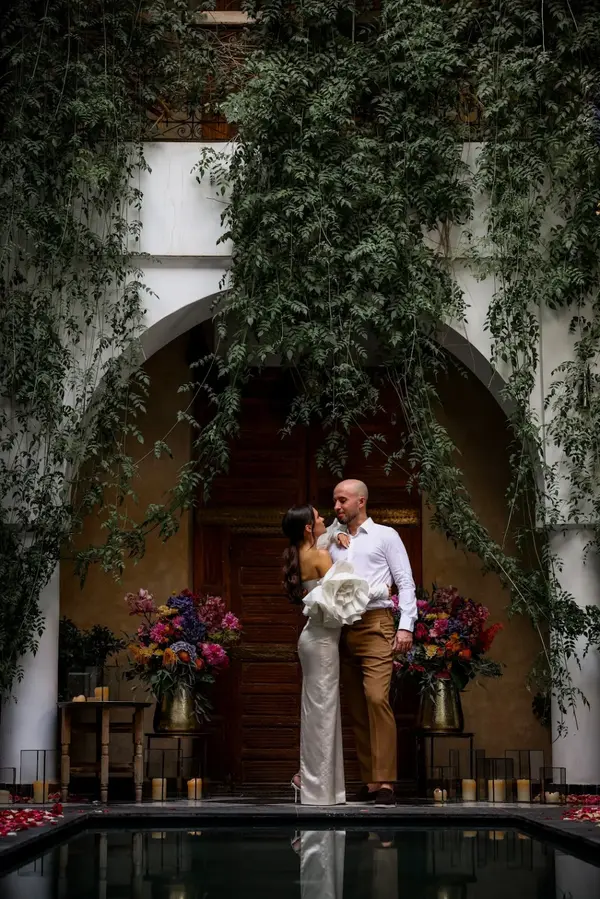 Couple portrait riad courtyard Marrakech - engagement photographer marrakech